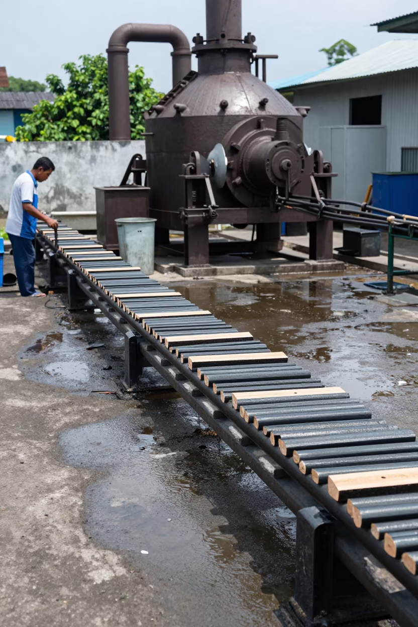 Graphite Cores Glued in Cedar Halves at Factory in beside a blast furnace near Makassar