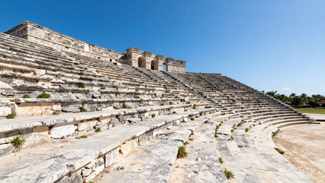 Grass Growing Through Crumbling Amphitheater Stairs Bahamas in inside a roofless nave in Bahamas