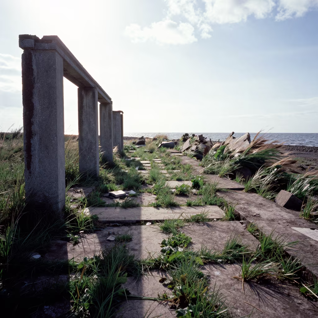 Grass Through Cracks Abandoned Platform Ukraine in among toppled columns and nettles in Ukraine
