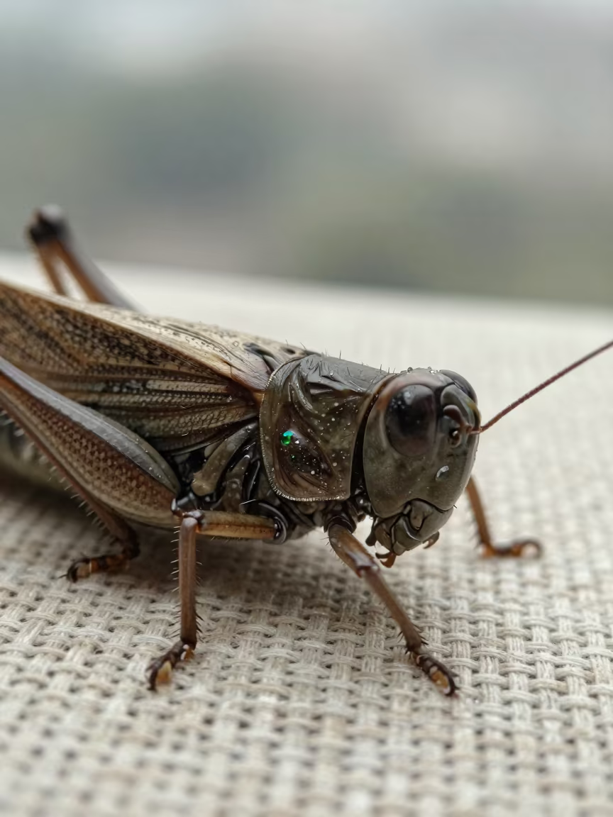 Grasshopper Hind Leg Joint on Linen in against woven linen fibers near Belo Horizonte