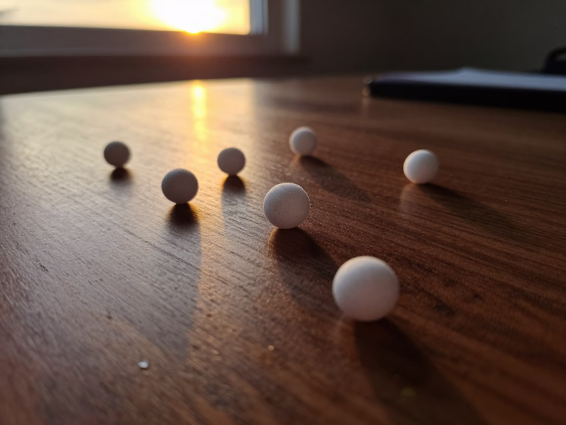 Graupel Balls Bouncing on Desk at Sunset in on a writing desk near Porto-Novo