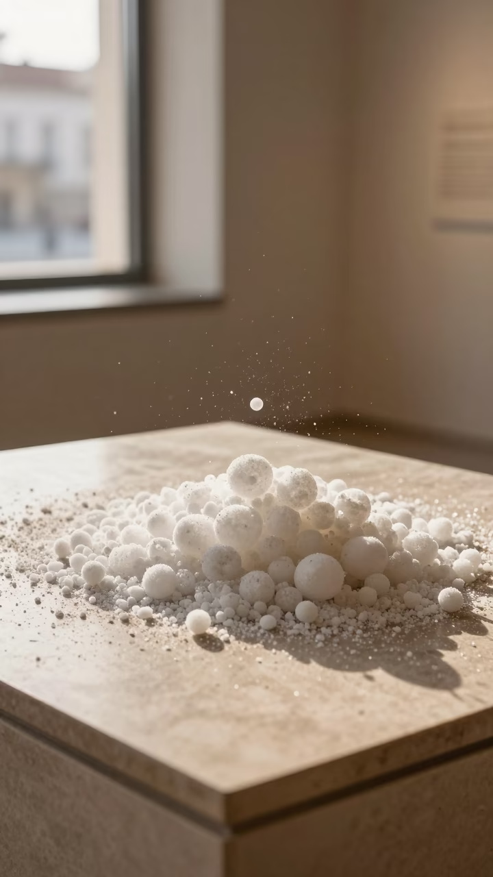 Graupel Pellets on Museum Plinth Thessaloniki in on a museum plinth in Thessaloniki