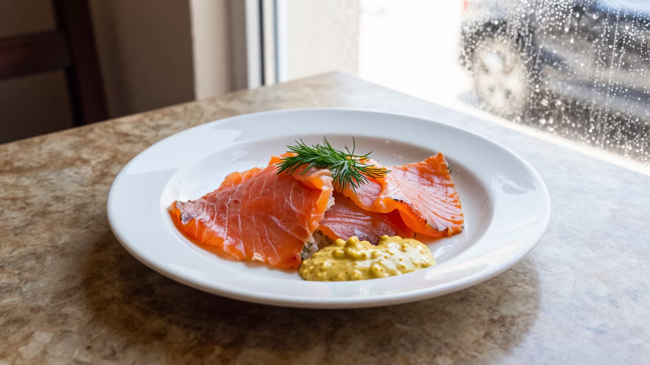 Gravlax with Mustard Dill Sauce on Diner Table in at a roadside diner table in Aleppo