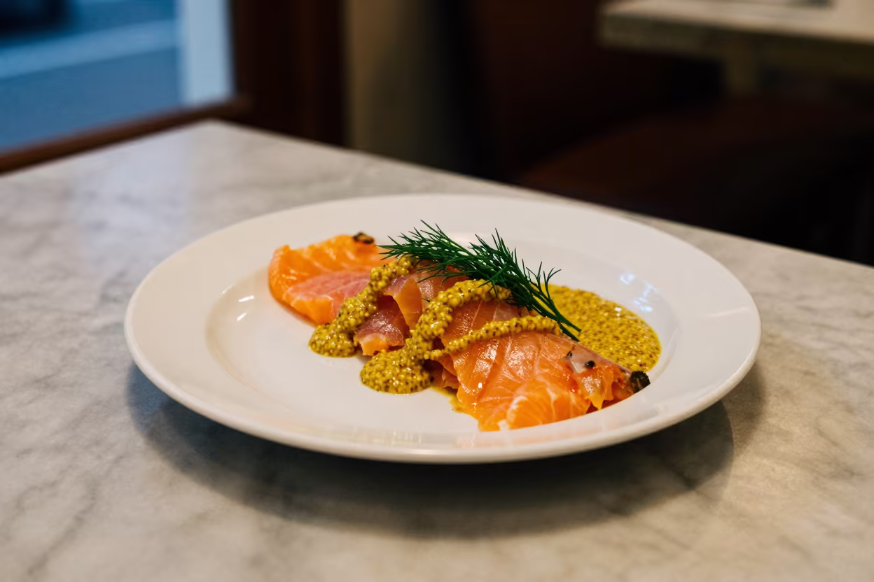 Gravlax with Mustard Dill Sauce on Marble Table in on a marble cafe table in Gokarneshwor