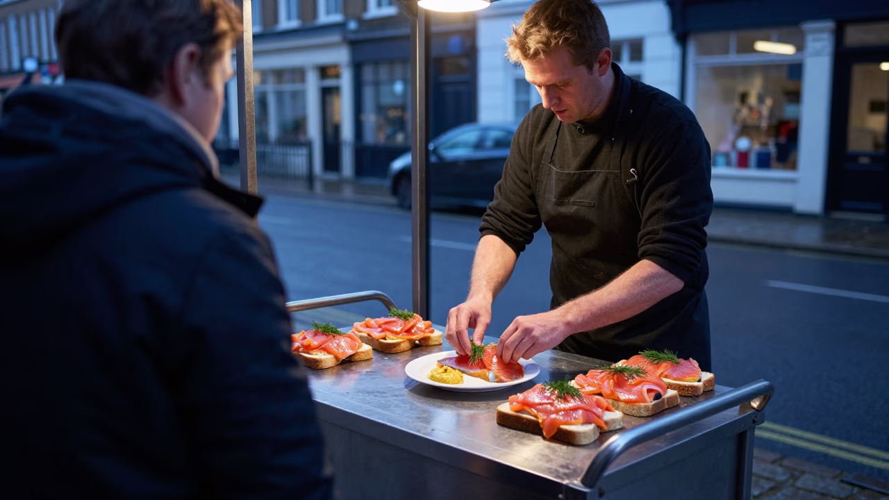 Gravlax Sandwiches in London at Sunrise Light in in London, United Kingdom