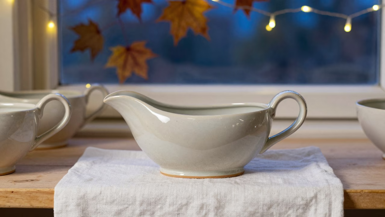 Gravy Boat on Linen Table Under Evening Light in on a workshop shelf near Canberra