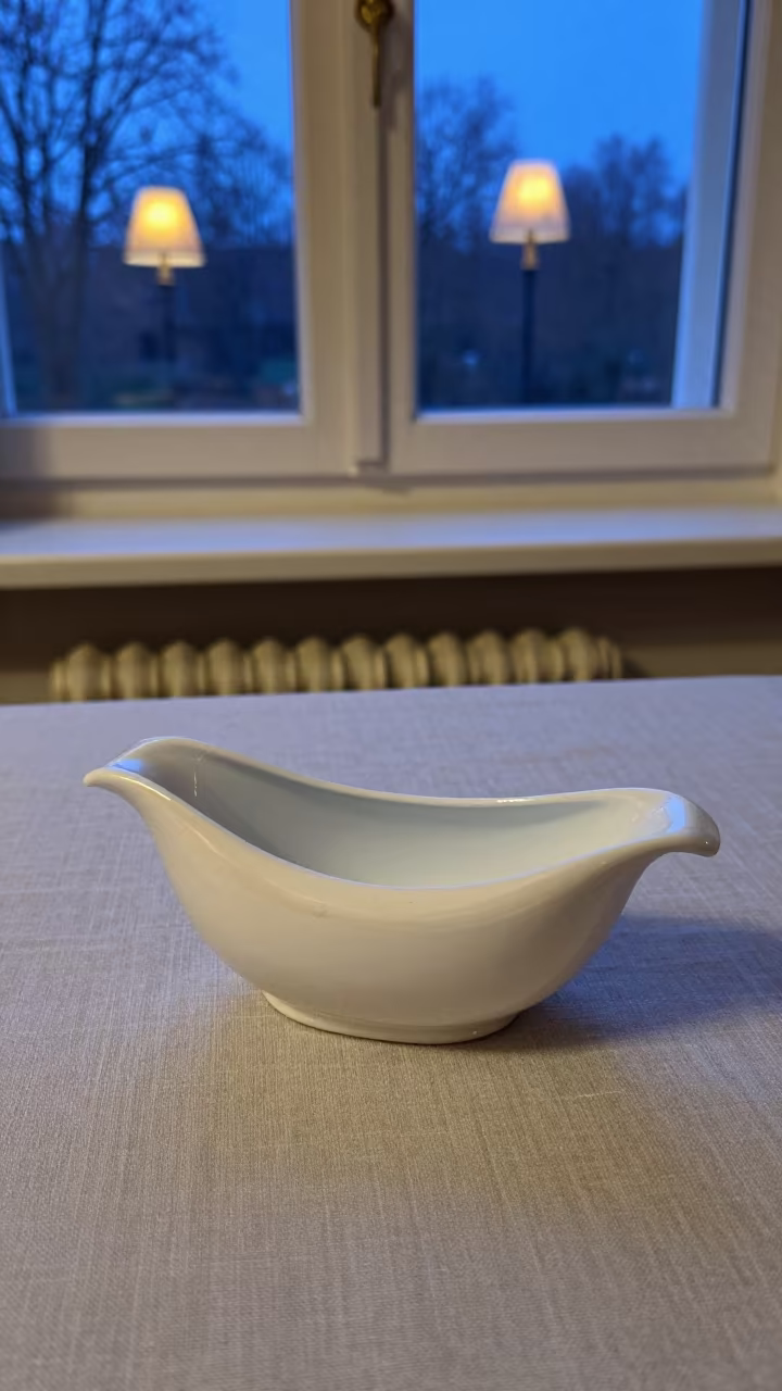 Gravy Boat on Linen Table in Winter Evening Light in on a painted display ledge near Odense