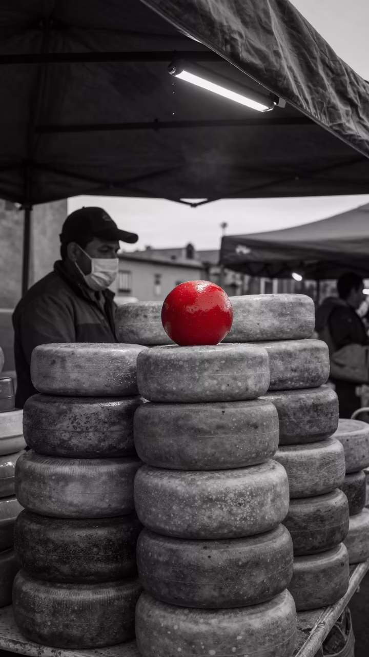 Gray Cheese Stacks Red Sphere La Paz Market in under a market canopy in La Paz