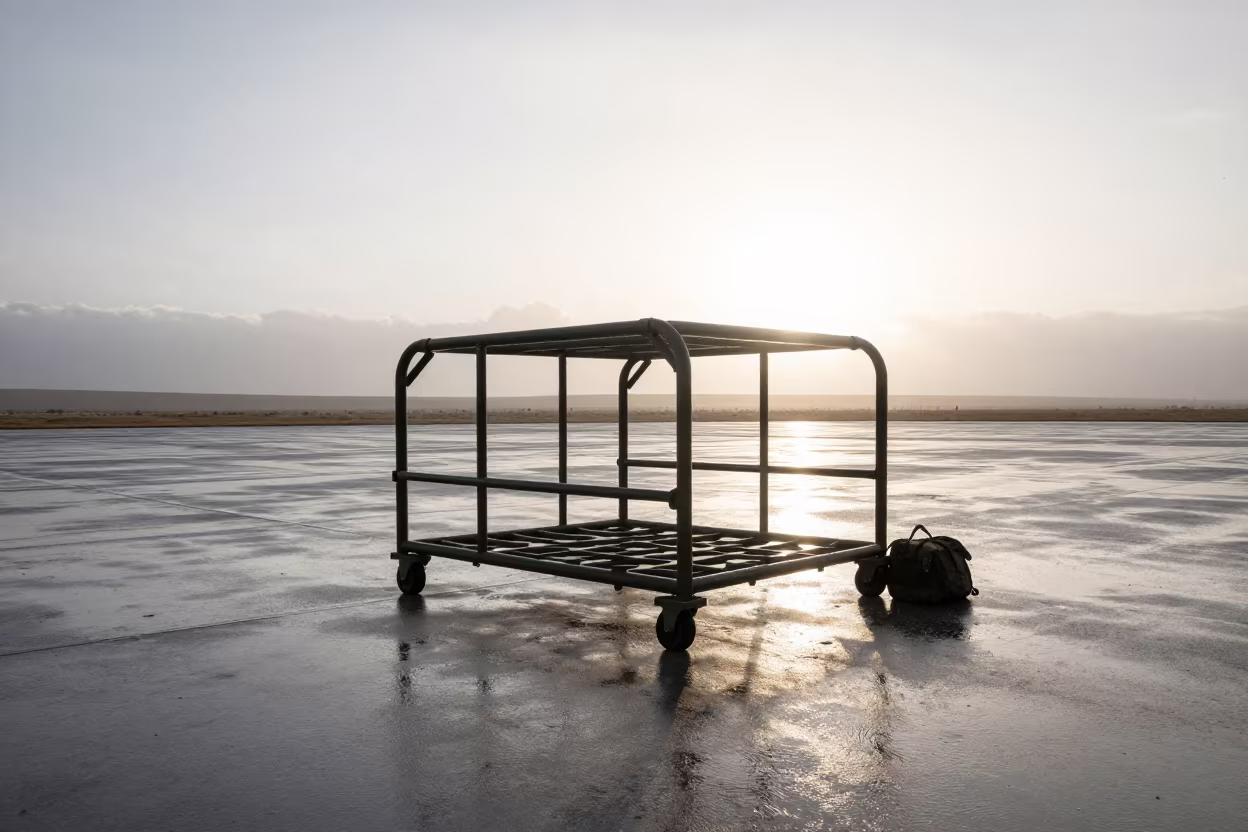Gray Dawn Over Bivy Roll Cage Airbase in along an airbase flight line in El Alto