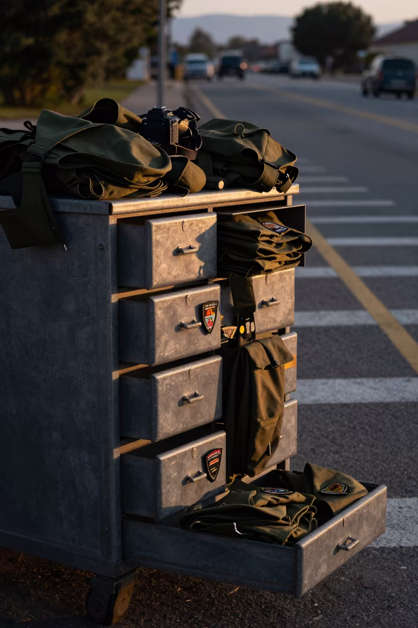Gray Dawn Light on Military Patch Drawer in at a checkpoint lane near Oviedo