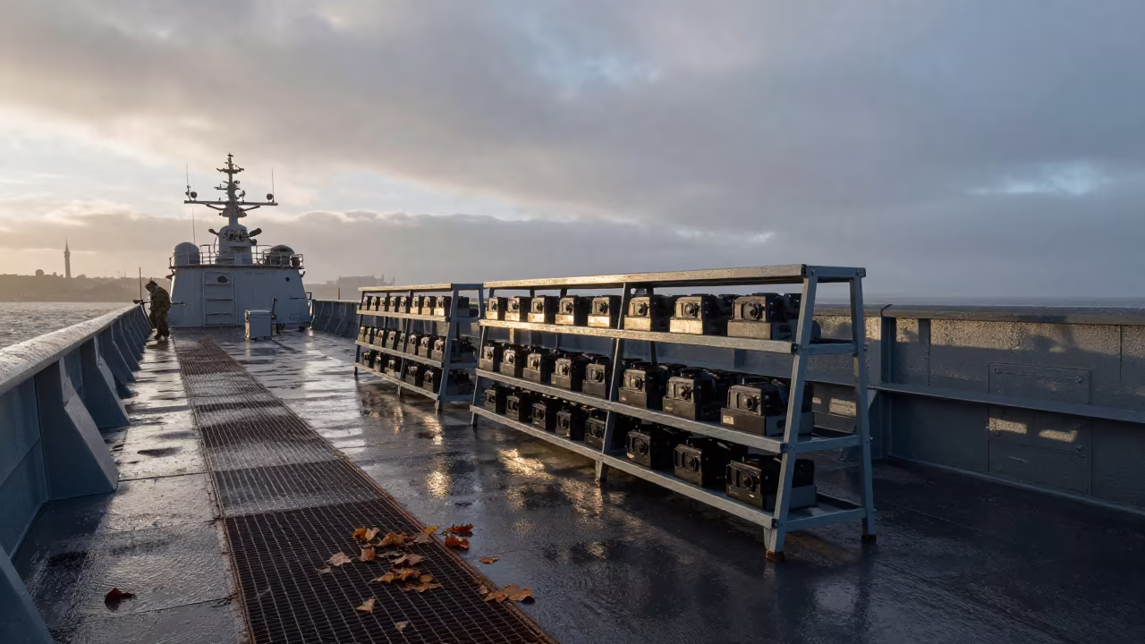 Gray Dawn Light on Naval Deck Form Rack in on a naval deck in rough wind in Bucharest