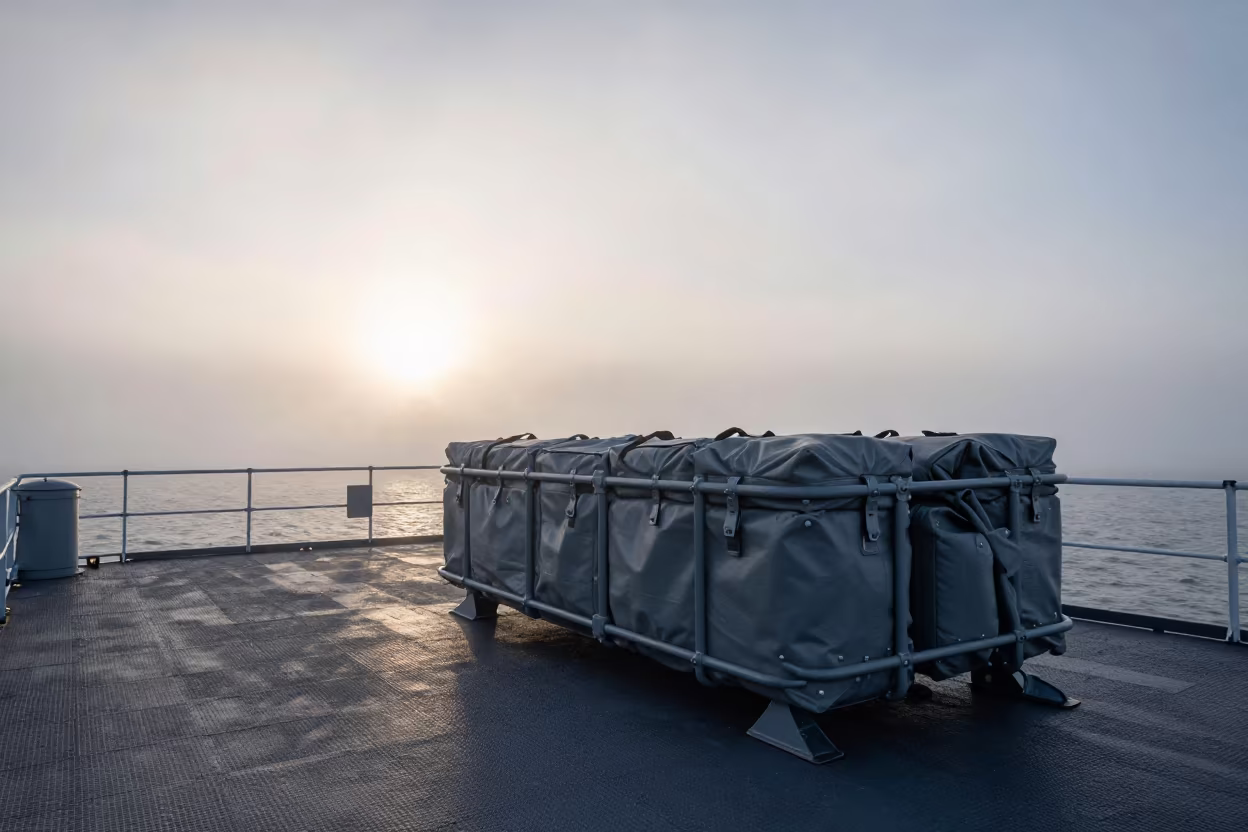 Gray Dawn Over Military Bivy Cage on Naval Deck in on a naval deck in rough wind in North Macedonia
