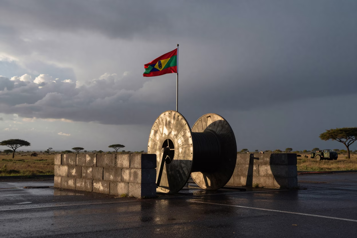 Gray Dawn Military Flag Spool at Serengeti Checkpoint in at a checkpoint lane in the Serengeti
