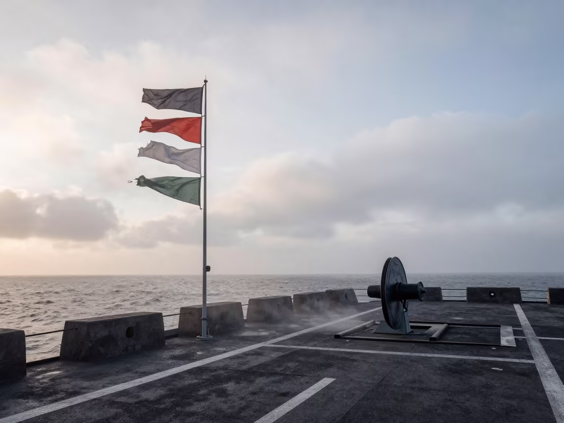Gray Dawn Military Flag Spool on Sierra Leone Naval Deck in on a naval deck in rough wind in Sierra Leone