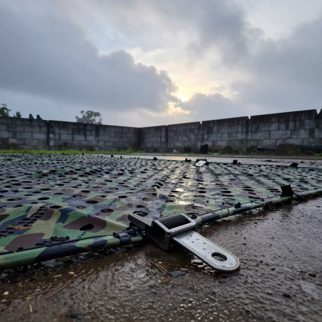 Gray Dawn Ruck Repair Tin Under Camo Net in beneath a camouflage net shelter in Comoros