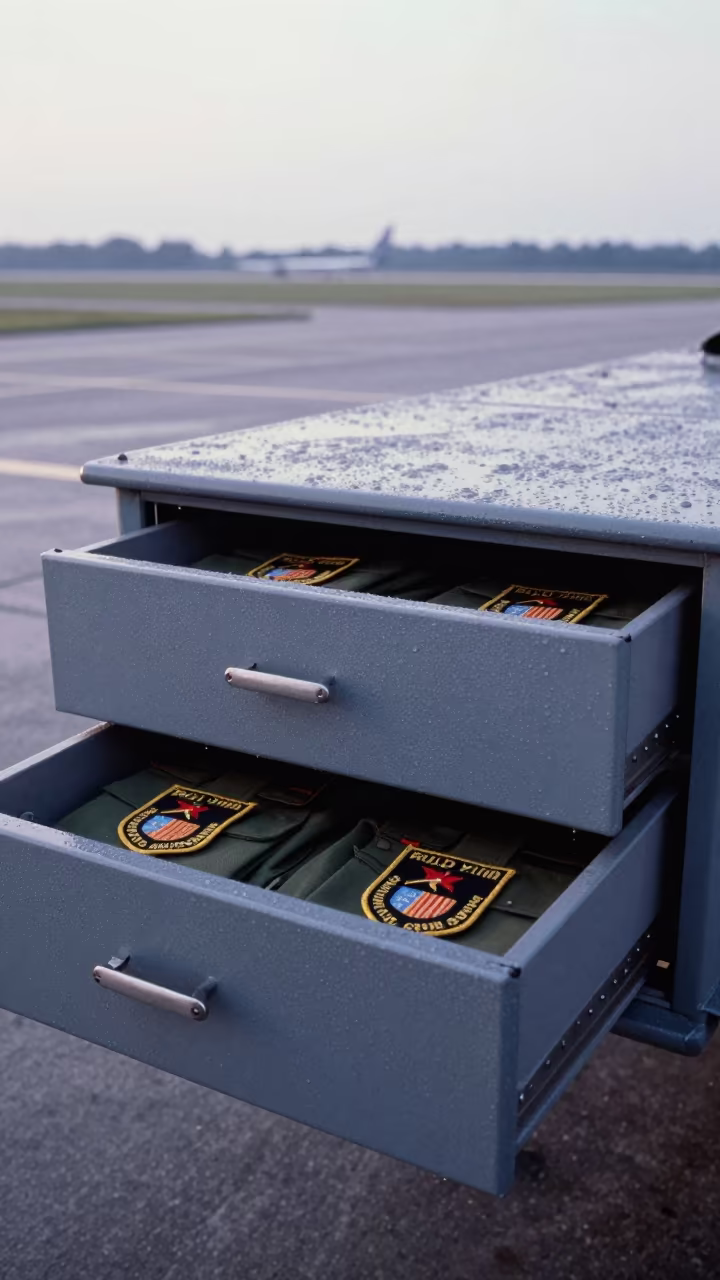 Gray Dawn Uniform Patch Drawer on Airbase in along an airbase flight line in Piedmont