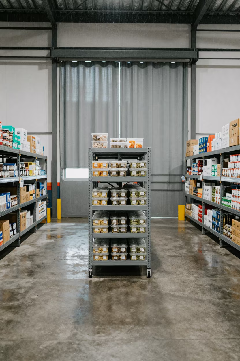 Gray Light Through Warehouse Curtains Mazatlan in inside a warehouse aisle in Mazatlan