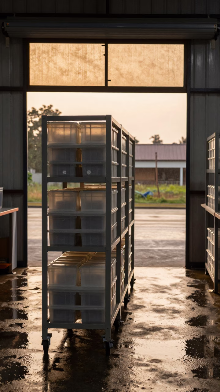 Gray Tote Rack in Honey Sunset Light in at a fulfillment packing station in Mawlamyine