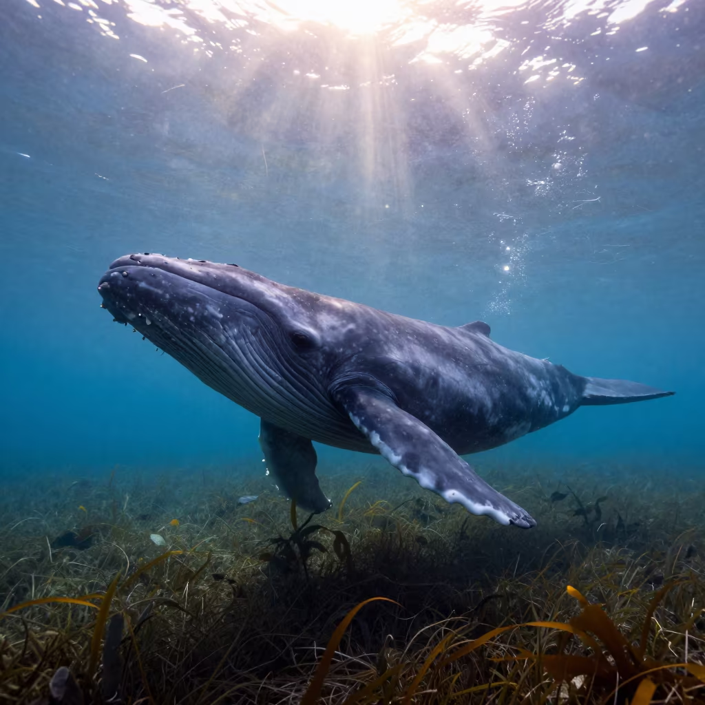 Gray Whale in Florida Kelp Under Late Afternoon Glare in along a seagrass channel near the coast in Florida