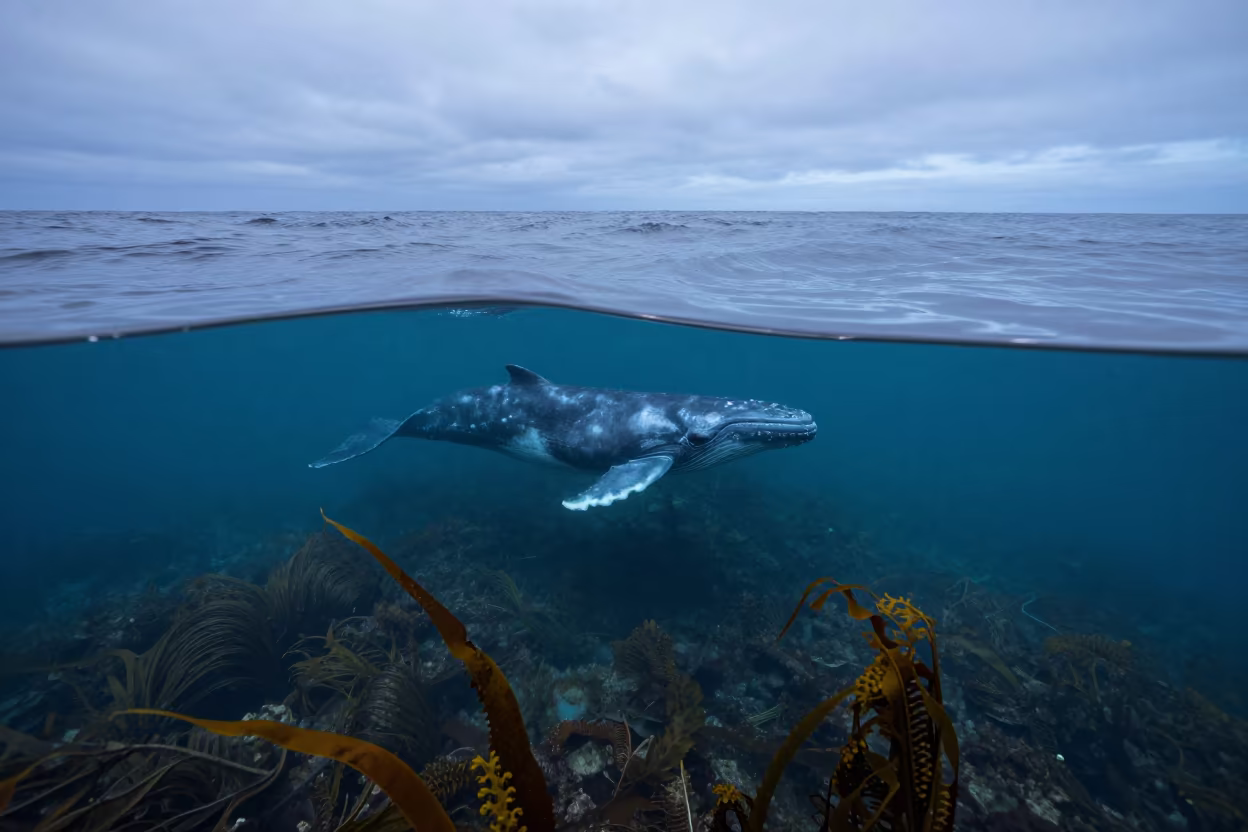 Gray Whale Along Kelp Coast in Blue Evening Light in above a cold-water reef edge near Salvador