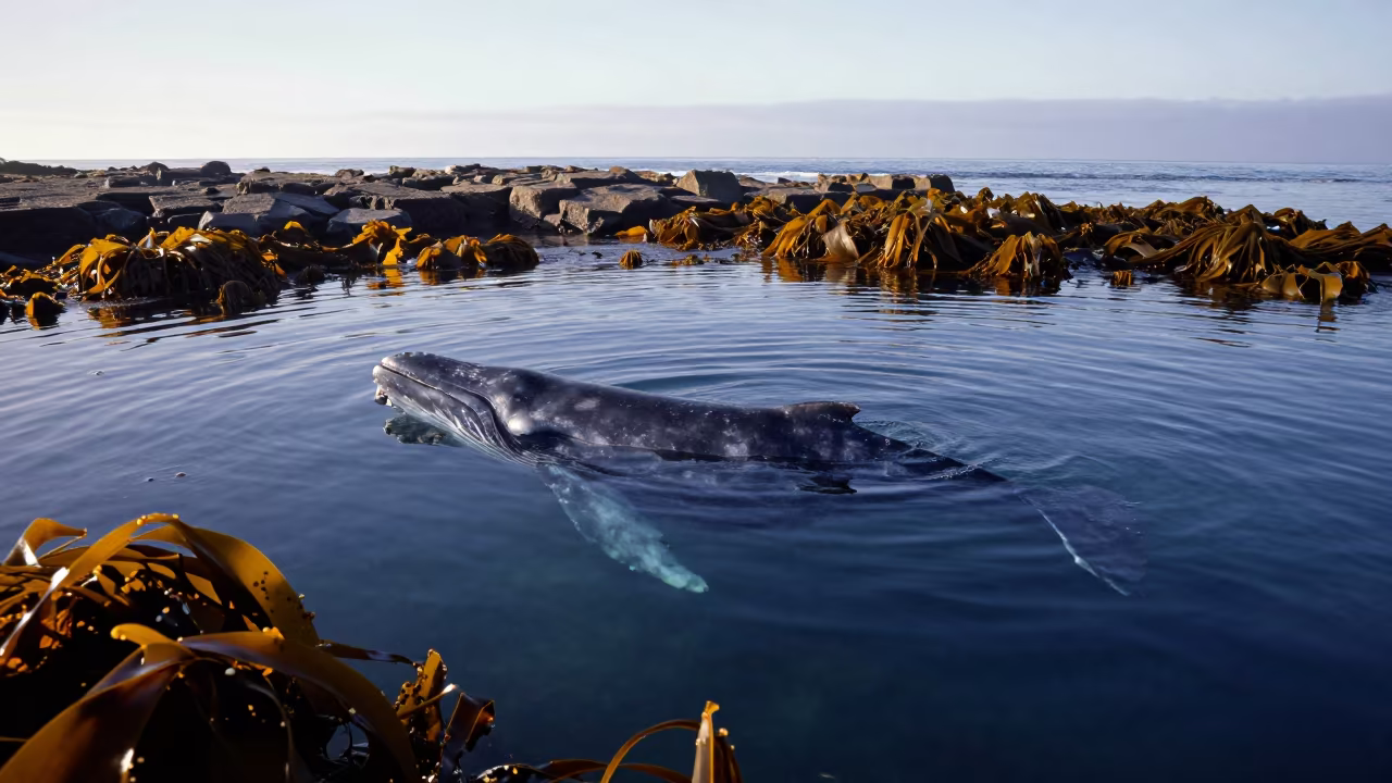 Gray Whale Along Kelp Coast at Dawn in beside a tide-cut rock ledge under clear water in California