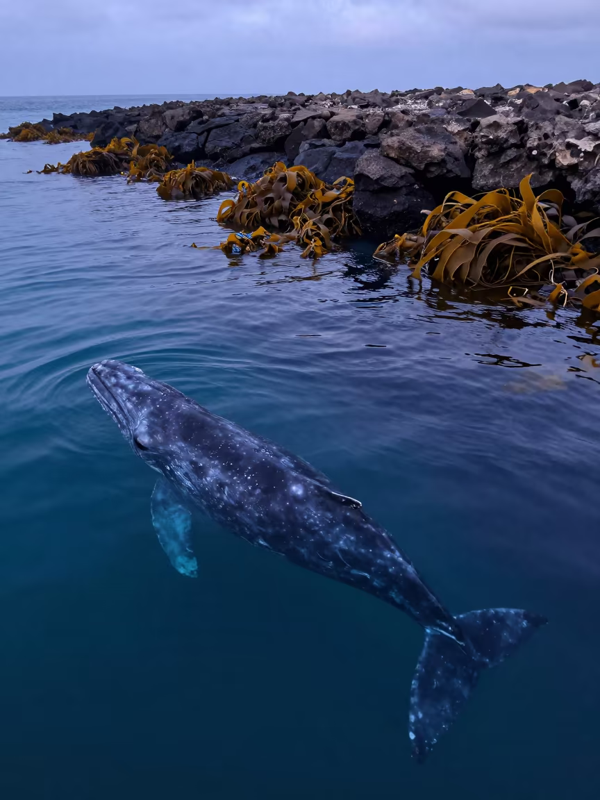 Gray Whale Through Kelp at Senegal Twilight in through kelp fronds beside a rocky shelf in Senegal