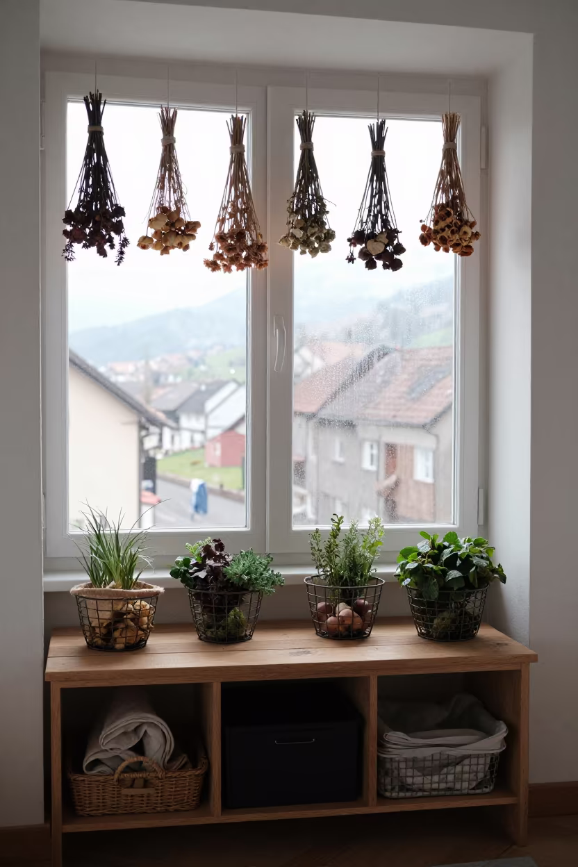 Graz Window Seat Pantry Corner Dried Flowers in on a window seat in Graz