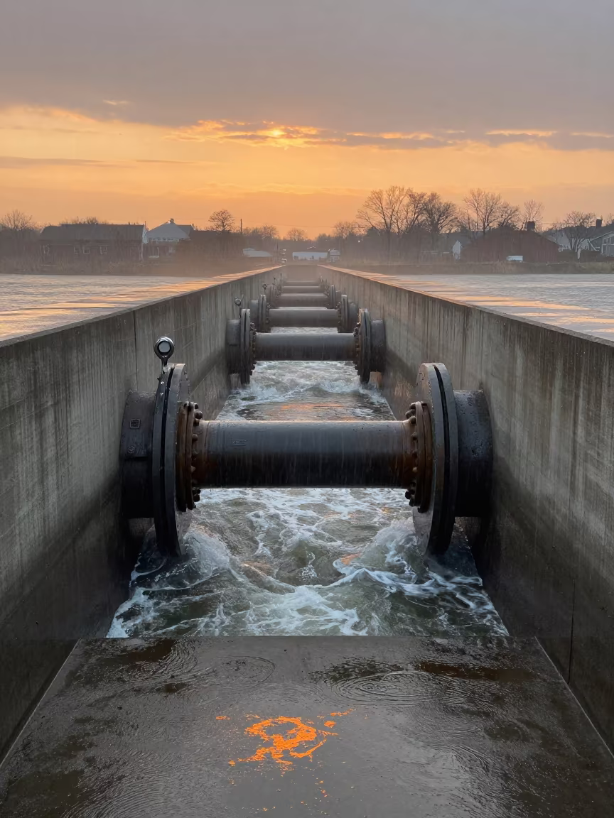 Grease Gleam on Penstock Joint at Sunset in along concrete walls above turbulent water in Rhode Island