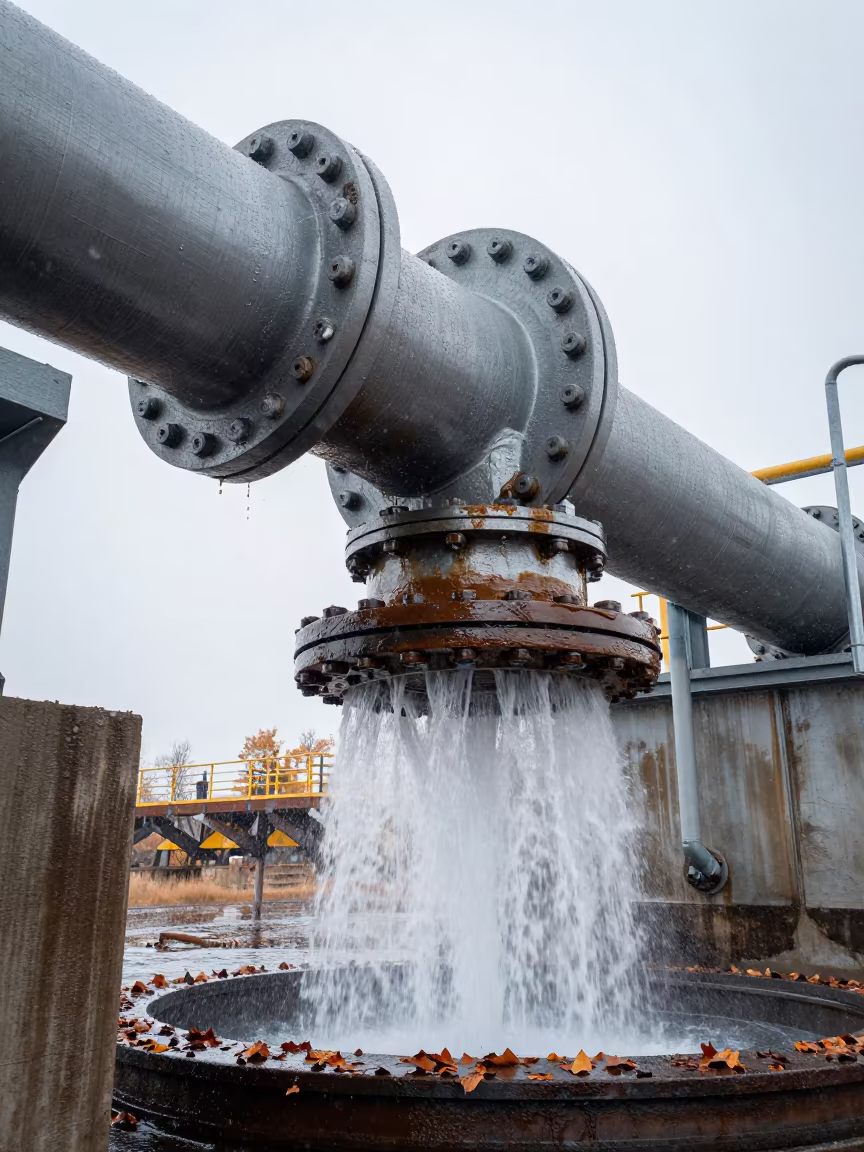 Grease-Gleaming Penstock Joint in Wyoming Sleet in above a spillway chute with spray rising in Wyoming