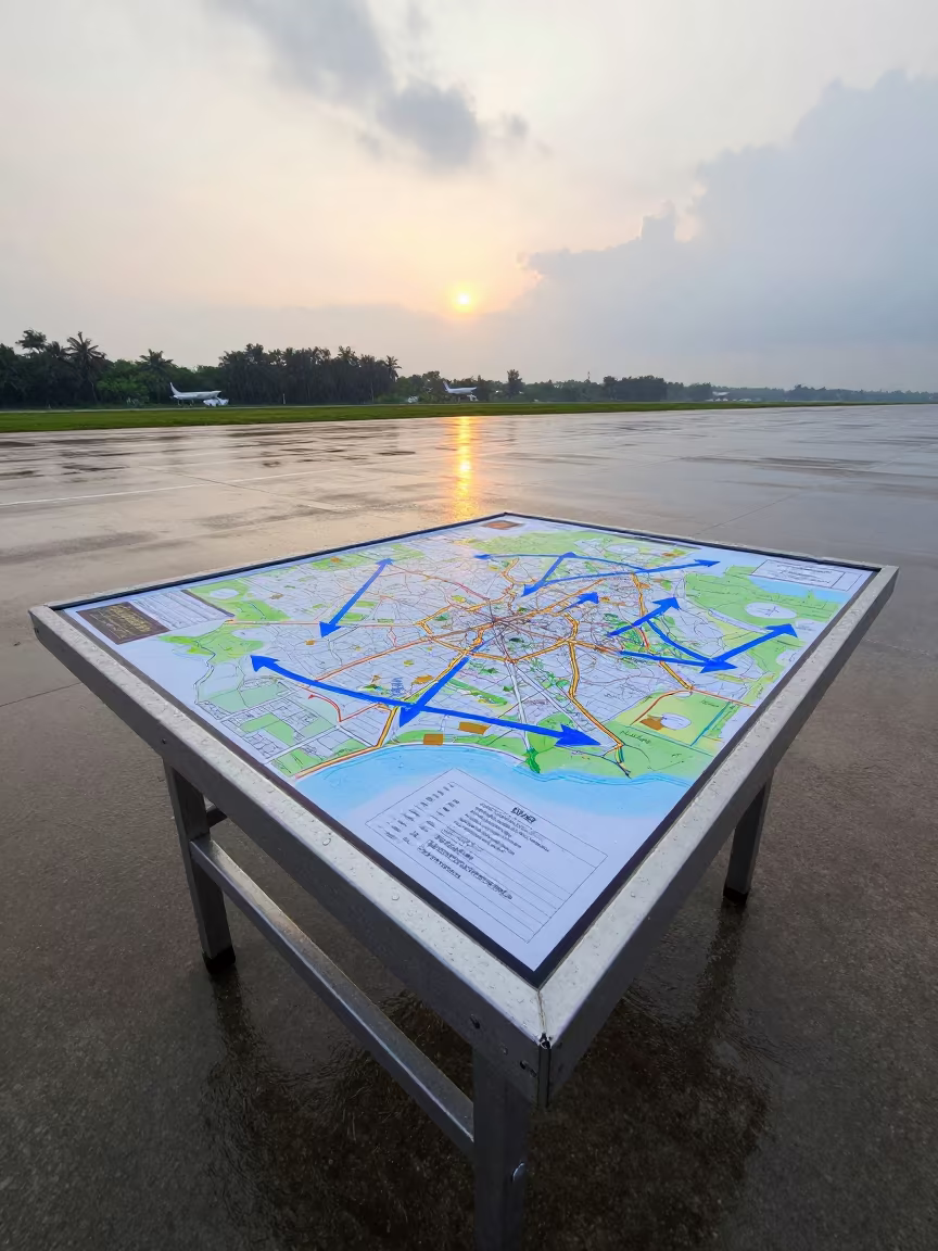 Grease Pencil Map on Wet Airbase Table at Dawn in along an airbase flight line in Medan