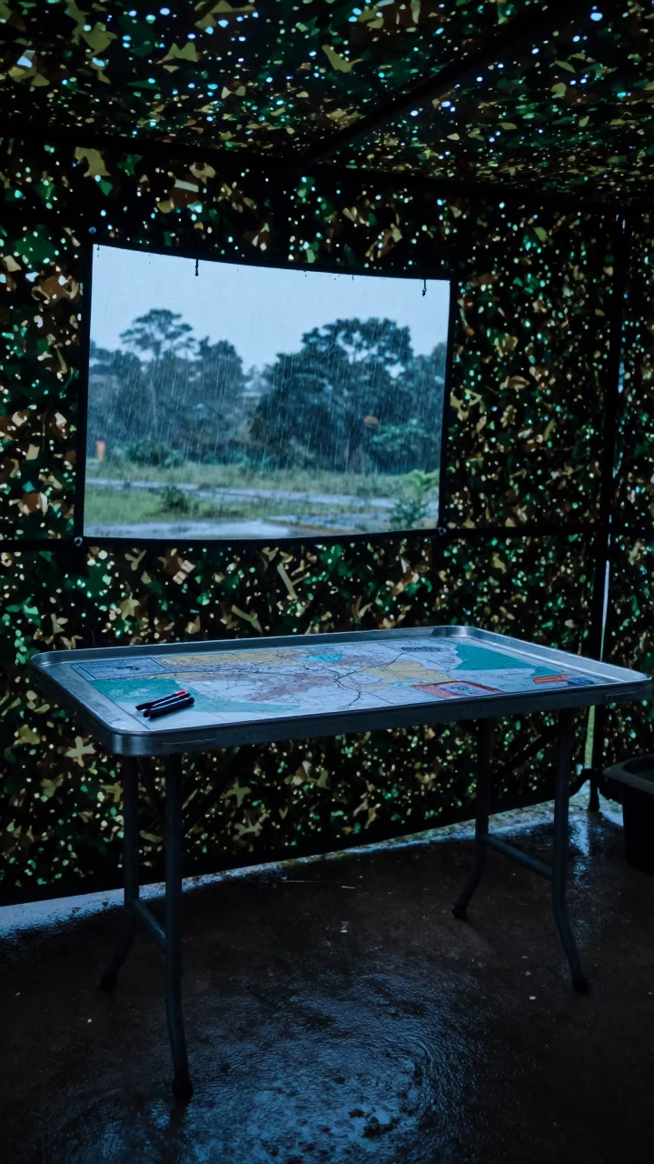Grease Pencil Tray Map Overlay in Honduran Shelter in beneath a camouflage net shelter in Honduras