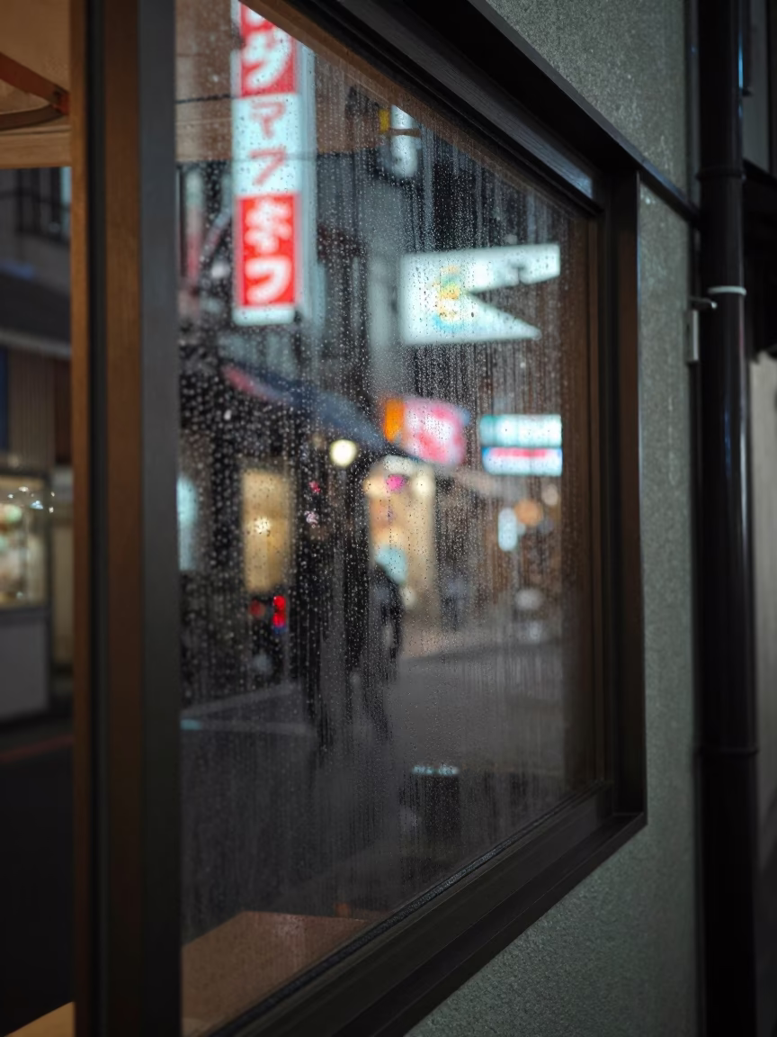 Grease Sheen on Window Glass in Fukuoka Japan Late Night Street Scene in in Fukuoka, Japan