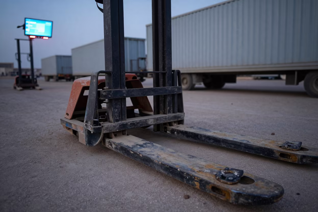 Grease Smears on Fork Tip Guard in Cross Dock in inside a cross-dock lane near Sulaymaniyah