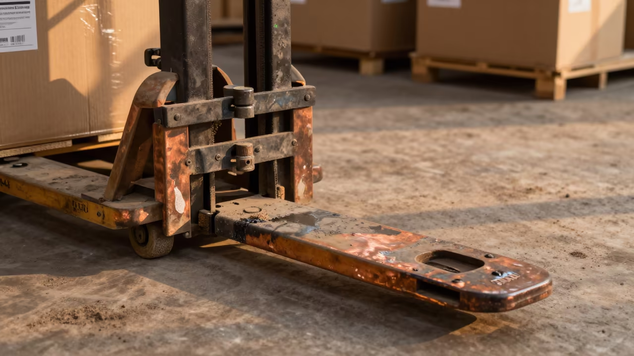 Grease Stained Fork Guard in Gulu Packing Station in at a fulfillment packing station in Gulu