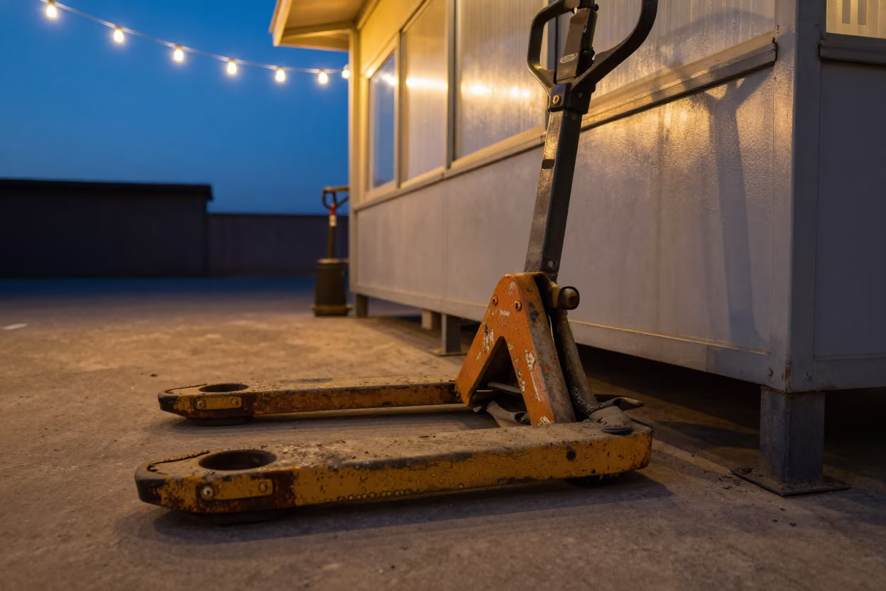 Grease-stained Fork Tip Guard in Dispatch Office in inside a dispatch office above the dock near Nowshera