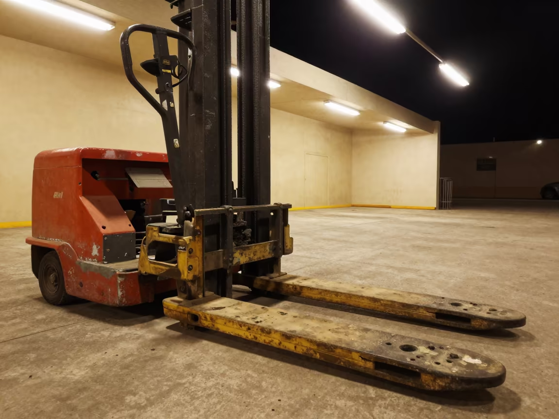 Grease Stained Fork Tip Guard in Night Warehouse in inside a chilled distribution bay near Wadi Al-Seer