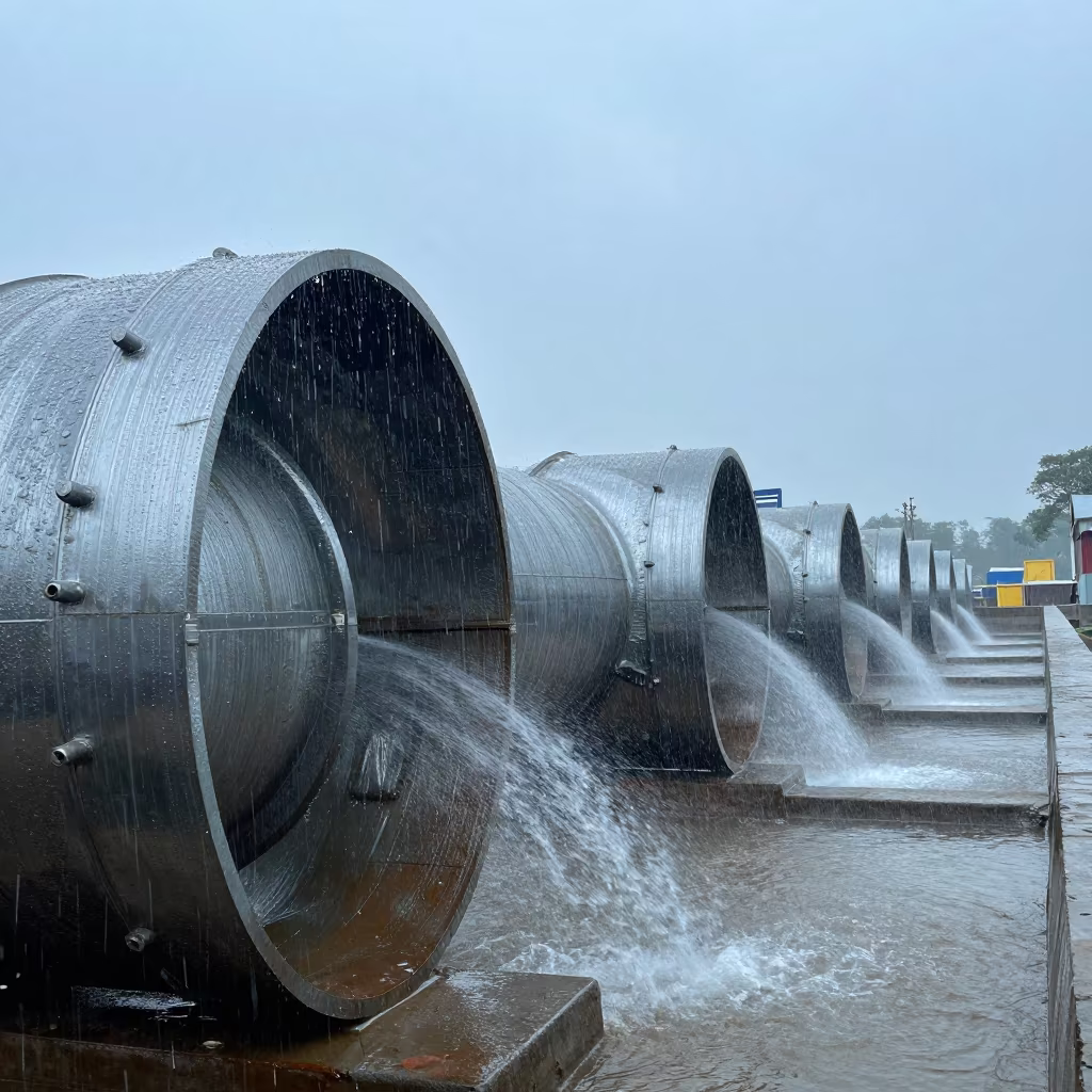 Greased Penstock Joint in Nigerian Sleet in above a spillway chute with spray rising in Nigeria