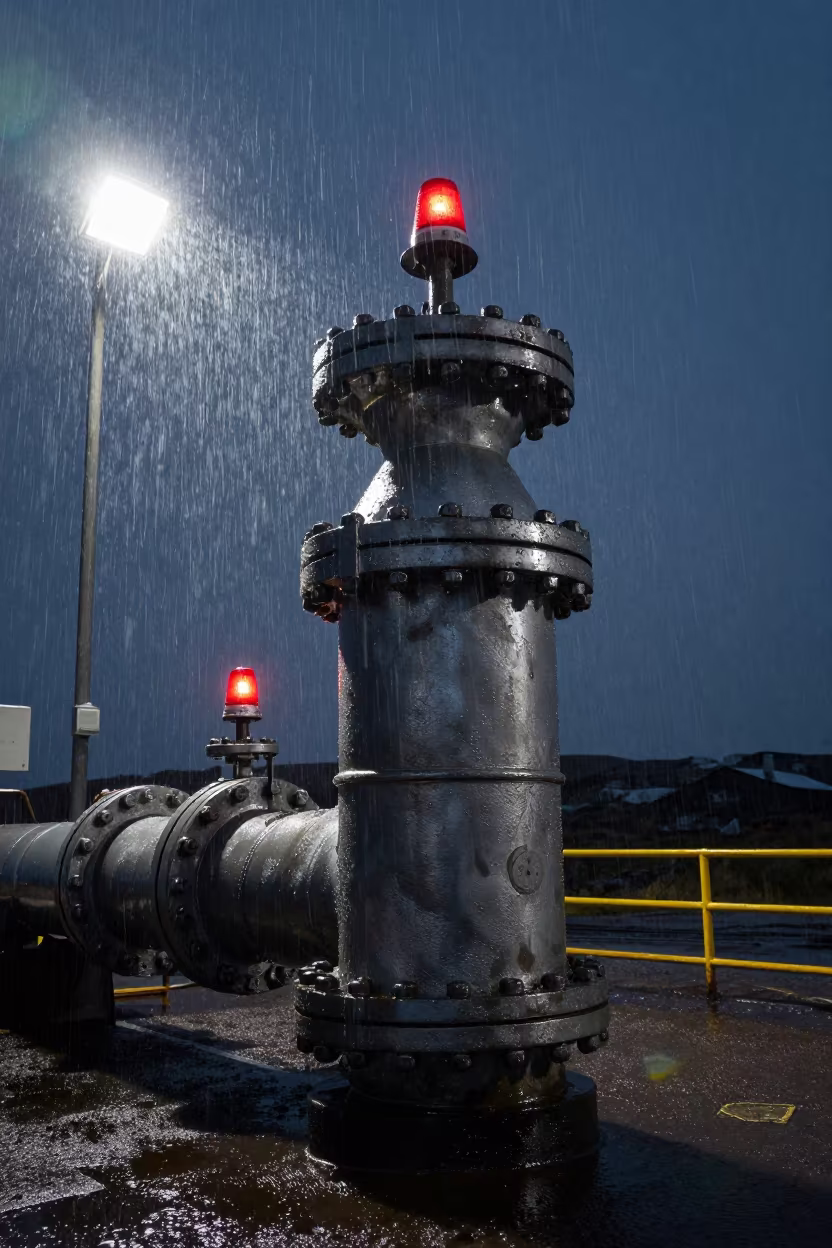 Greased Penstock Joint in Scottish Sleet in along a dam spillway in the Scottish Isles