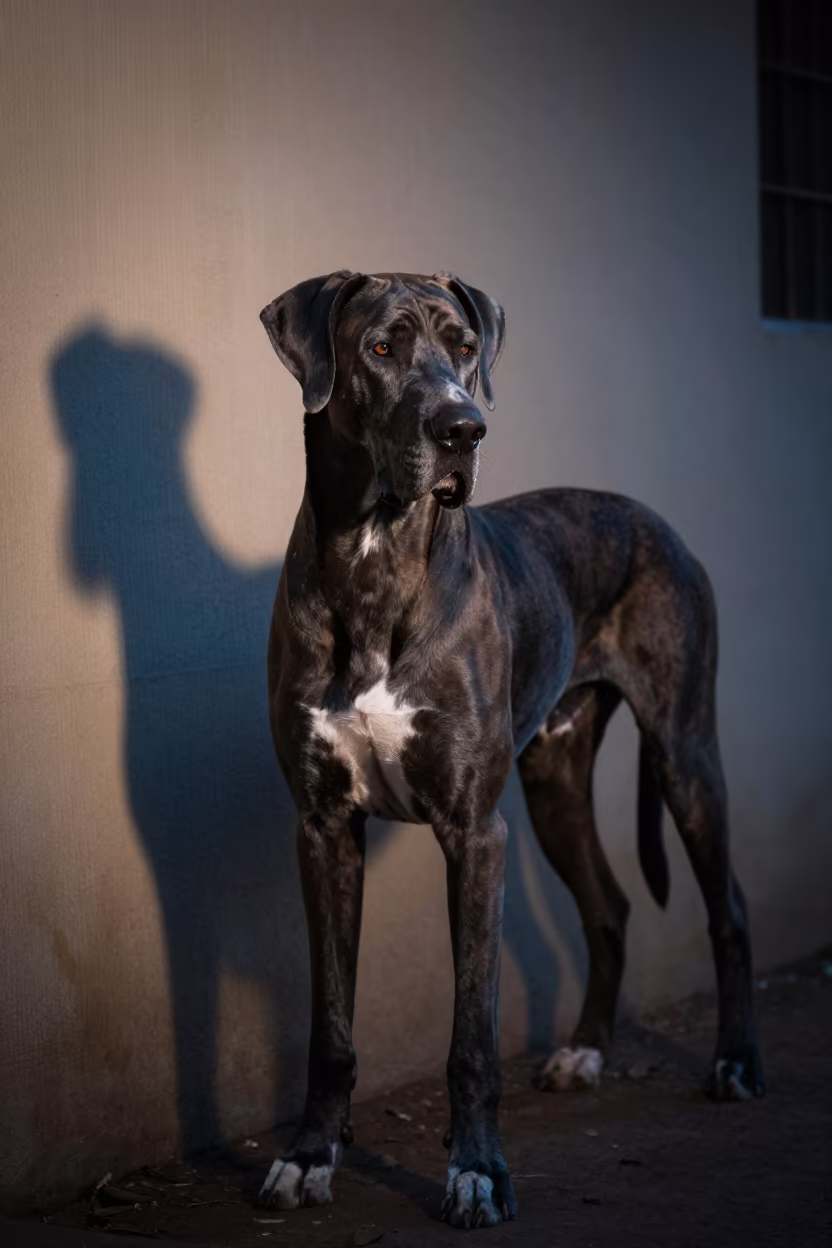 Great Dane in Predawn Abeokuta Park Shadow in beside a plain courtyard wall in clear daylight with the animal at eye level in Abeokuta