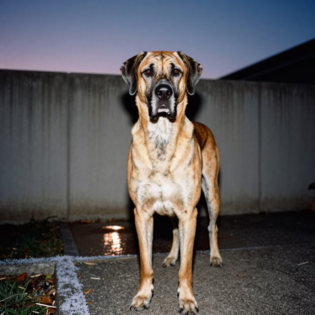 Great Dane Portrait in Brampton Courtyard Twilight in beside a plain courtyard wall in clear daylight with the animal at eye level near Brampton