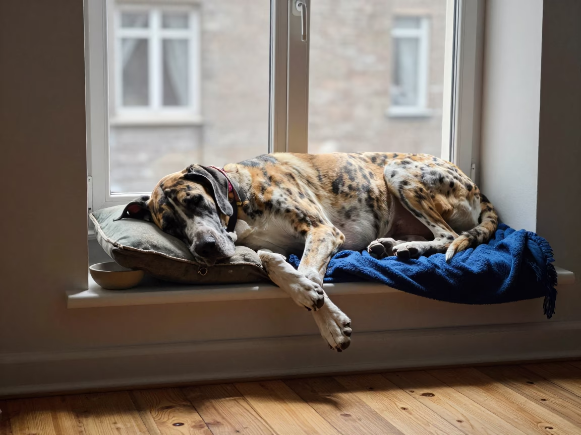 Great Dane Resting on Window Seat in Divo Apartment in on a window seat in a quiet apartment with soft side light in Divo