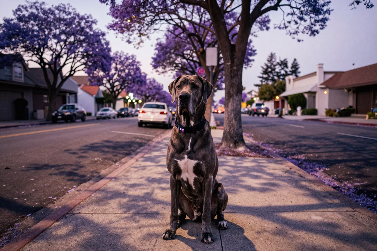 Great Dane sitting on San Diego sidewalk at twilight with purple jacaranda trees in in San Diego, California, United States