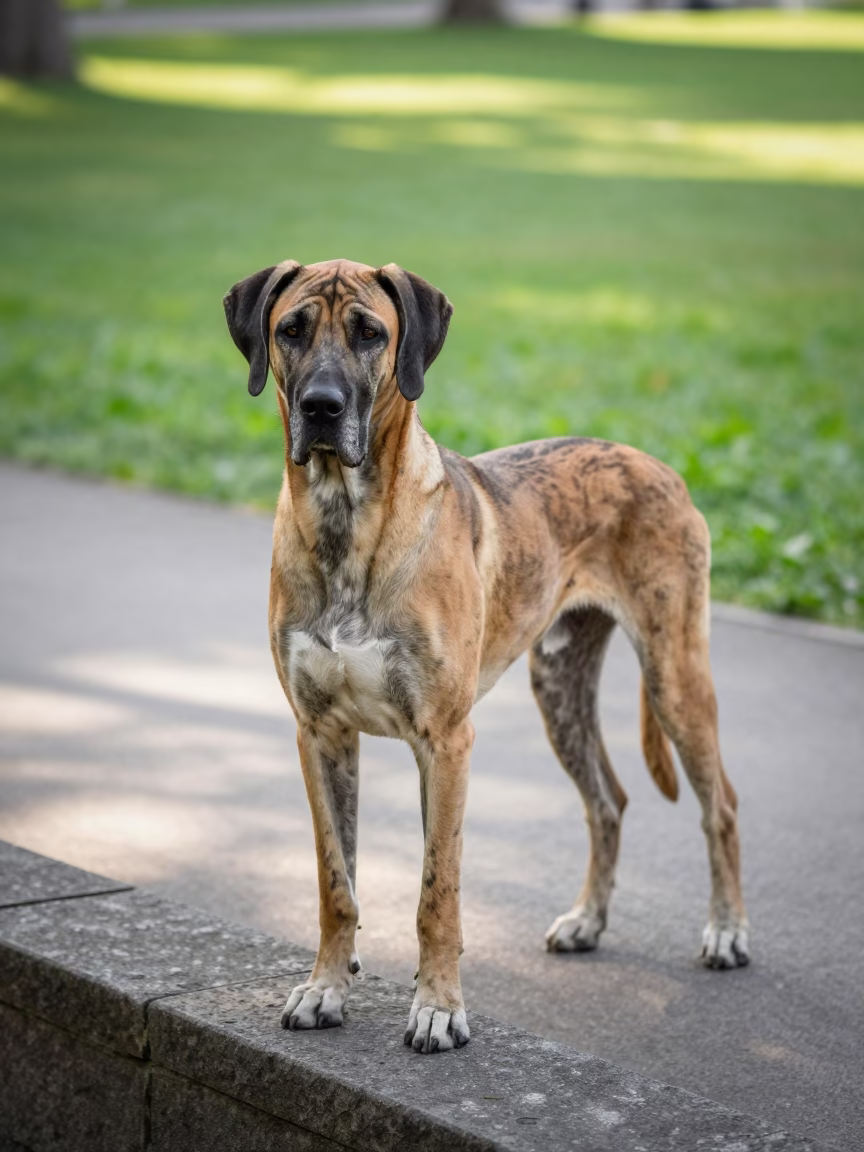 Great Dane Standing on Quiet Park Path Al-Safira in along a quiet park path with soft open shade and a clean background in Al-Safira