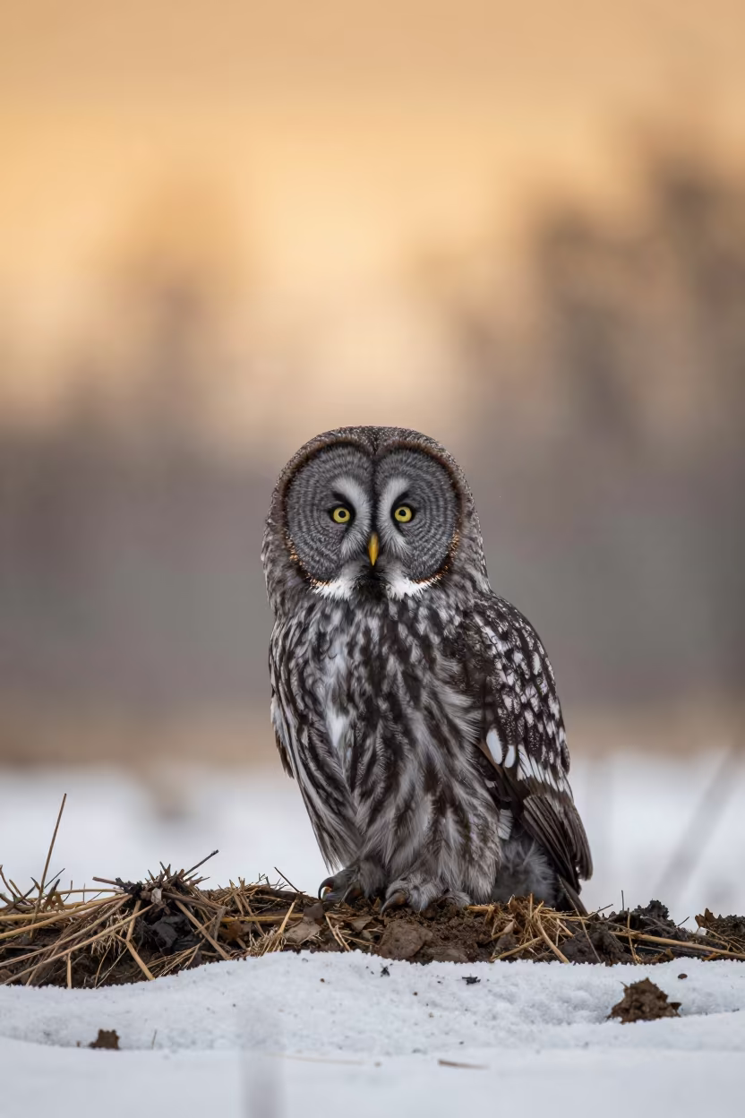 Great Grey Owl in Amber Sunset Rain in near Hillah
