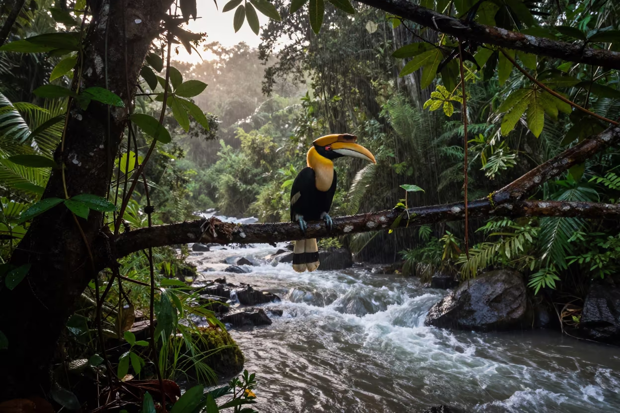 Great Hornbill Above Glacial Stream in above a glacial stream in Costa Rica