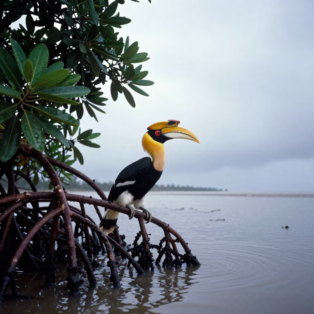 Great Hornbill Yellow Casque Bahia Tidal Inlet in beside a tidal inlet in Bahia