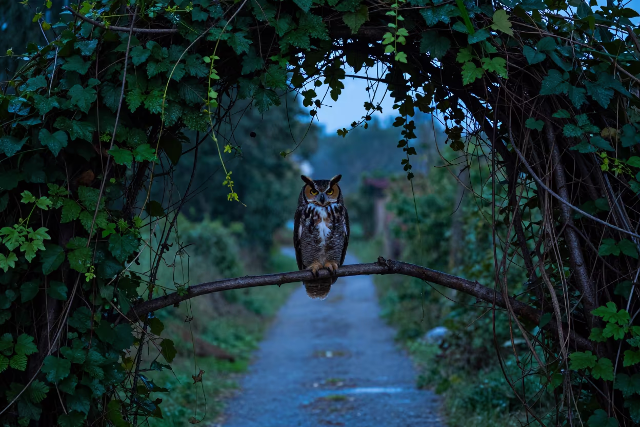 Great Horned Owl Perched on Trail at Twilight in along a game trail near Ica