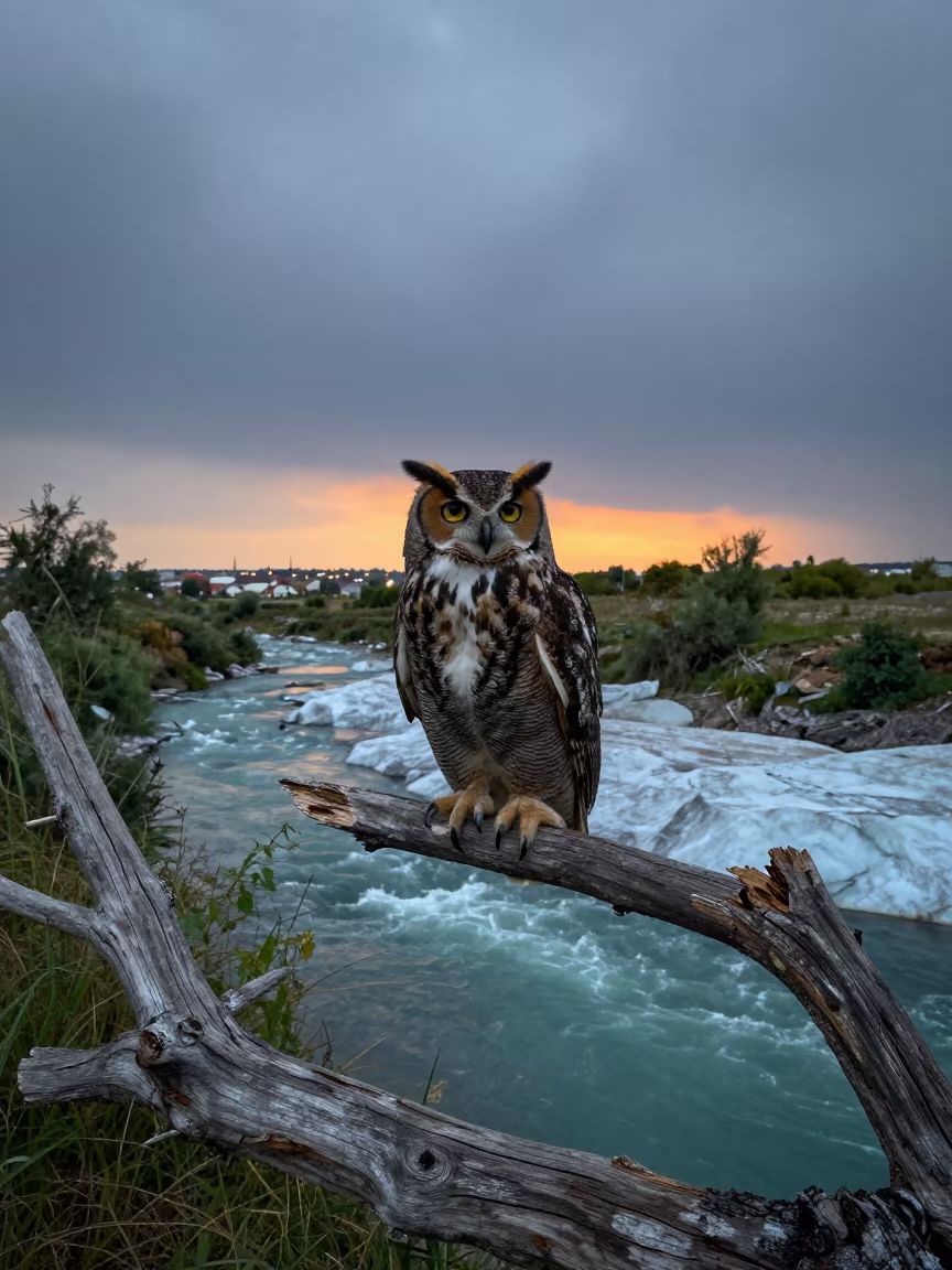 Great Horned Owl at Twilight Over Glacial Stream in above a glacial stream near Kharkiv