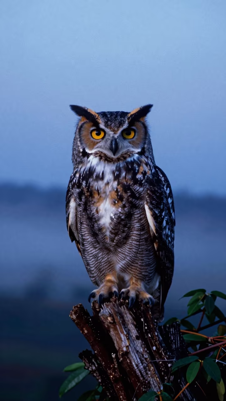 Great Horned Owl Twilight Ridge Kisangani in on a wind-scoured ridge near Kisangani
