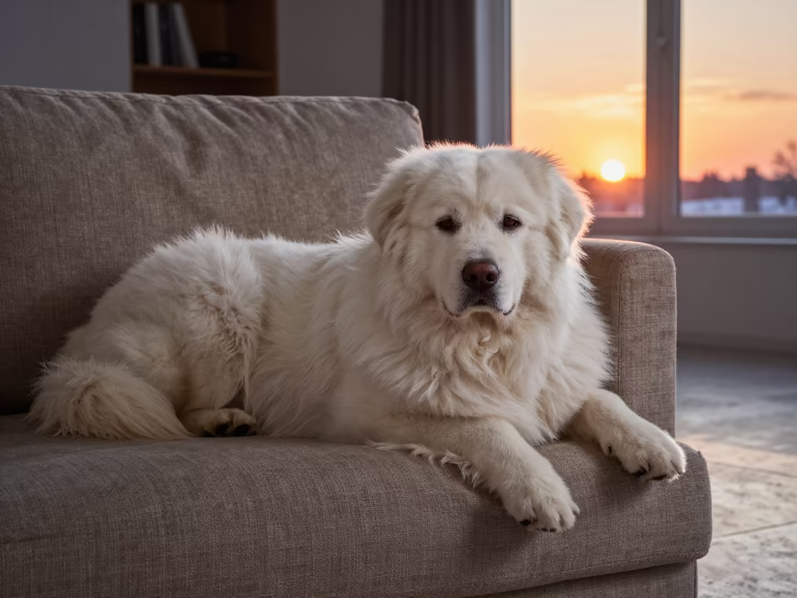Great Pyrenees on Linen Sofa in Winter Sunset in on a linen sofa with daylight from a nearby window in Porto Alegre
